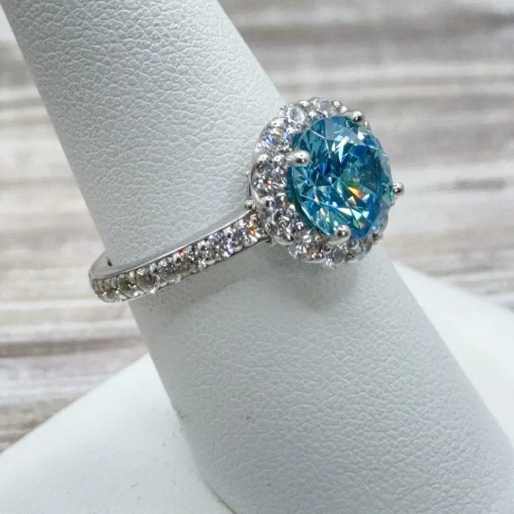 Sterling Silver Ring Sky Blue CZ Faceted Solitaire Halo Clear CZ Size 7.75 Prong - Picture 14 of 14